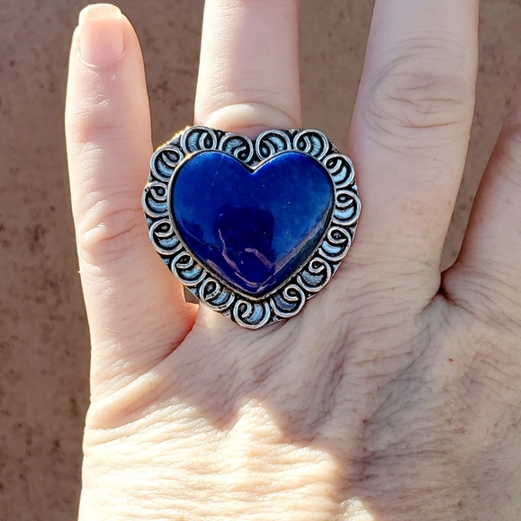 New Heart Shaped Lapis Lazuli 925 Silver Statement Ring. - Picture 1 of 13
